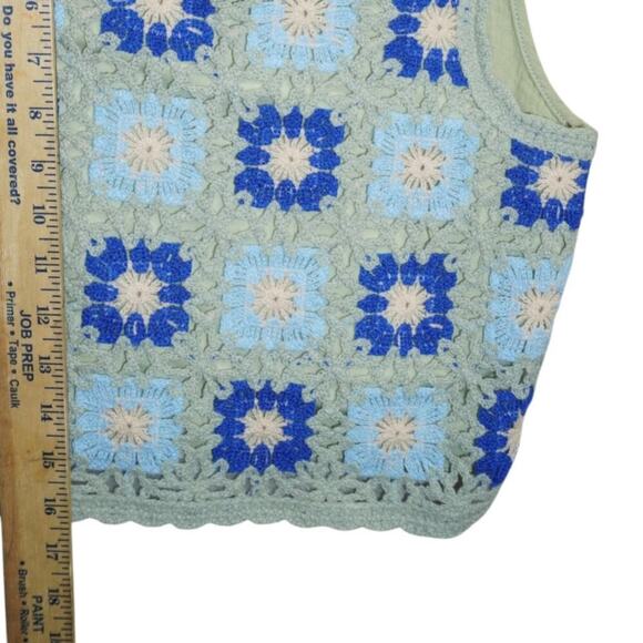 Boho Granny Square Crochet Knit Tank Top Blue Green Lined Sleeveless M - Picture 2 of 4
